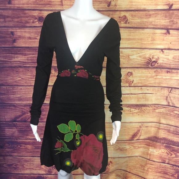 Desigual Dresses & Skirts - Desigual Black With Floral Trim Tie Waist